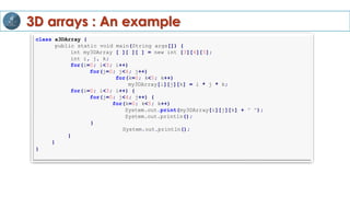 3D arrays : An example
class a3DArray {
public static void main(String args[]) {
int my3DArray [ ][ ][ ] = new int [3][4][5];
int i, j, k;
for(i=0; i<3; i++)
for(j=0; j<4; j++)
for(k=0; k<5; k++)
my3DArray[i][j][k] = i * j * k;
for(i=0; i<3; i++) {
for(j=0; j<4; j++) {
for(k=0; k<5; k++)
System.out.print(my3DArray[i][j][k] + " ");
System.out.println();
}
System.out.println();
}
}
}
 