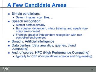 27
A Few Candidate Areas
◼ Simple parallelism:
◼ Search images, scan files, ..
◼ Speech recognition:
◼ Almost perfect already
◼ But speaker dependent, minor training, and needs non-
noisy environment
◼ Frontier: speaker independent recognition with non-
controlled environment
◼ Broadly: Artificial intelligence
◼ Data centers (data analytics, queries, cloud
computing)
◼ And, of course, HPC (High Performance Computing)
◼ typically for CSE (Computational science and Engineering)
 