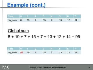 38
Example (cont.)
Copyright © 2010, Elsevier Inc. All rights Reserved
Core 0 1 2 3 4 5 6 7
my_sum 8 19 7 15 7 13 12 14
Global sum
8 + 19 + 7 + 15 + 7 + 13 + 12 + 14 = 95
Core 0 1 2 3 4 5 6 7
my_sum 95 19 7 15 7 13 12 14
 