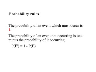 Probability rules
The probability of an event which must occur is
1.
The probability of an event not occurring is one
minus the probability of it occurring.
P(E') = 1 - P(E)
 