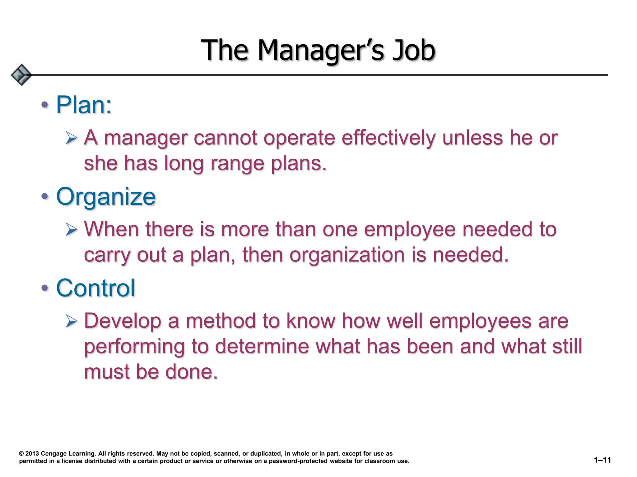The Manager’s Job
• Plan:
 A manager cannot operate effectively unless he or
she has long range plans.
• Organize
 When there is more than one employee needed to
carry out a plan, then organization is needed.
• Control
 Develop a method to know how well employees are
performing to determine what has been and what still
must be done.
© 2013 Cengage Learning. All rights reserved. May not be copied, scanned, or duplicated, in whole or in part, except for use as
permitted in a license distributed with a certain product or service or otherwise on a password-protected website for classroom use. 1–11
 