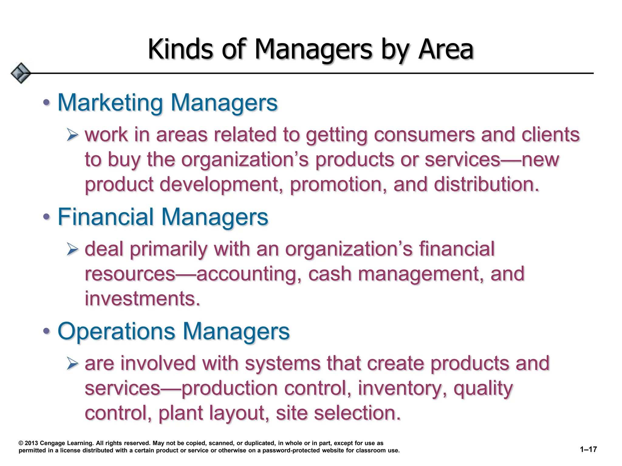 Kinds of Managers by Area
• Marketing Managers
 work in areas related to getting consumers and clients
to buy the organization’s products or services—new
product development, promotion, and distribution.
• Financial Managers
 deal primarily with an organization’s financial
resources—accounting, cash management, and
investments.
• Operations Managers
 are involved with systems that create products and
services—production control, inventory, quality
control, plant layout, site selection.
© 2013 Cengage Learning. All rights reserved. May not be copied, scanned, or duplicated, in whole or in part, except for use as
permitted in a license distributed with a certain product or service or otherwise on a password-protected website for classroom use. 1–17
 