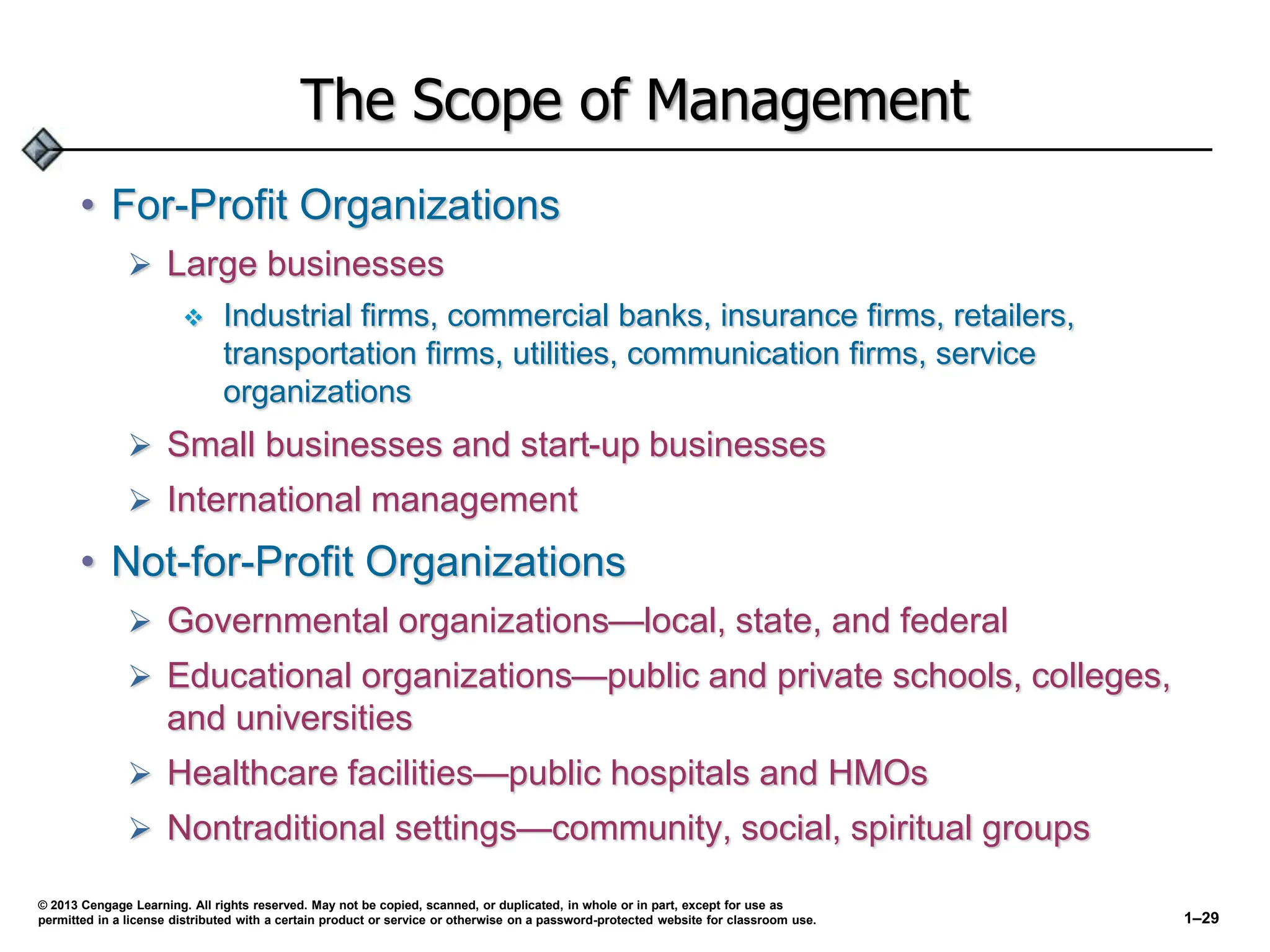 The Scope of Management
• For-Profit Organizations
 Large businesses
 Industrial firms, commercial banks, insurance firms, retailers,
transportation firms, utilities, communication firms, service
organizations
 Small businesses and start-up businesses
 International management
• Not-for-Profit Organizations
 Governmental organizations—local, state, and federal
 Educational organizations—public and private schools, colleges,
and universities
 Healthcare facilities—public hospitals and HMOs
 Nontraditional settings—community, social, spiritual groups
© 2013 Cengage Learning. All rights reserved. May not be copied, scanned, or duplicated, in whole or in part, except for use as
permitted in a license distributed with a certain product or service or otherwise on a password-protected website for classroom use. 1–29
 