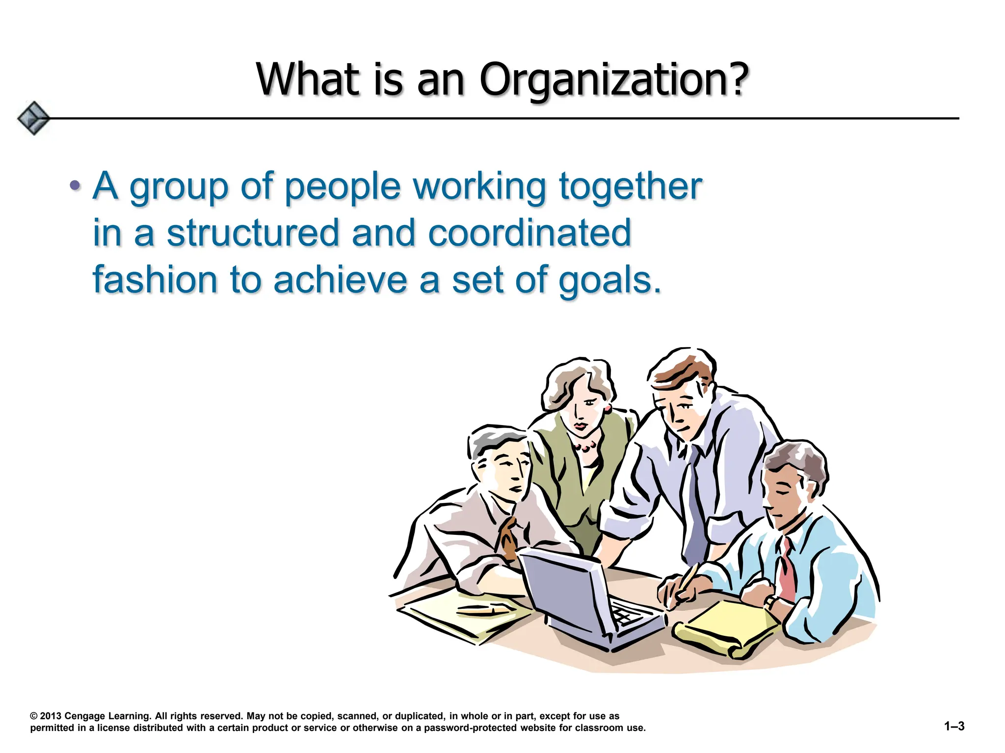 What is an Organization?
• A group of people working together
in a structured and coordinated
fashion to achieve a set of goals.
© 2013 Cengage Learning. All rights reserved. May not be copied, scanned, or duplicated, in whole or in part, except for use as
permitted in a license distributed with a certain product or service or otherwise on a password-protected website for classroom use. 1–3
 
