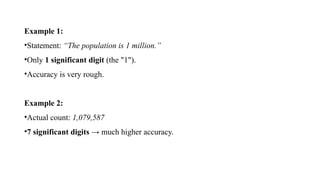 Example 1:
•Statement: “The population is 1 million.”
•Only 1 significant digit (the "1").
•Accuracy is very rough.
Example 2:
•Actual count: 1,079,587
•7 significant digits → much higher accuracy.
 