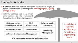 19
Umbrella Activities
Umbrella activities applied throughout the software project &
help a software team to manage and control progress, quality,
change & risks
It establish a
skeleton
architecture
for software
engineering
work.
Umbrella activities are those which
keep running in the background
throughout the software development
Software project
Tracking & Control
Risk
Management
Measurement
Technical Reviews
Software Configuration Management
Software quality
assurance
Reusability
Management
Work product preparation and production
 