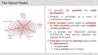 39
The Spiral Model
It provides the potential for rapid
development.
Software is developed in a series of
evolutionary releases.
Early iteration release might be prototype
but later iterations provides more complete
version of software.
It is divided into framework activities
(C,P,M,C,D). Each activity represent one
segment of the spiral
Each pass through the planning region results
in adjustments to
the project plan
Cost & schedule based on feedback
 