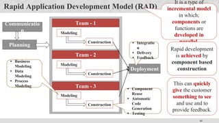 41
Rapid Application Development Model (RAD)
Communicatio
n
Planning
Deployment
Team - 1
Modeling
Construction
Team - 2
Modeling
Construction
Team - 3
Modeling
Construction
• Business
Modeling
• Data
Modeling
• Process
Modeling
• Component
Reuse
• Automatic
Code
Generation
• Testing
• Integratio
n
• Delivery
• Feedback
It is a type of
incremental model
in which;
components or
functions are
developed in
parallel.
Rapid development
is achieved by
component based
construction
This can quickly
give the customer
something to see
and use and to
provide feedback.
 