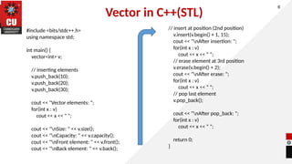 Vector in C++(STL)
6
#include <bits/stdc++.h>
using namespace std;
int main() {
vector<int> v;
// inserting elements
v.push_back(10);
v.push_back(20);
v.push_back(30);
cout << "Vector elements: ";
for(int x : v)
cout << x << " ";
cout << "nSize: " << v.size();
cout << "nCapacity: " << v.capacity();
cout << "nFront element: " << v.front();
cout << "nBack element: " << v.back();
// insert at position (2nd position)
v.insert(v.begin() + 1, 15);
cout << "nAfter insertion: ";
for(int x : v)
cout << x << " ";
// erase element at 3rd position
v.erase(v.begin() + 2);
cout << "nAfter erase: ";
for(int x : v)
cout << x << " ";
// pop last element
v.pop_back();
cout << "nAfter pop_back: ";
for(int x : v)
cout << x << " ";
return 0;
}
 