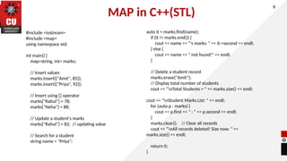 MAP in C++(STL)
6
#include <iostream>
#include <map>
using namespace std;
int main() {
map<string, int> marks;
// Insert values
marks.insert({"Amit", 85});
marks.insert({"Priya", 92});
// Insert using [] operator
marks["Rahul"] = 78;
marks["Neha"] = 88;
// Update a student's marks
marks["Rahul"] = 82; // updating value
// Search for a student
string name = "Priya";
auto it = marks.find(name);
if (it != marks.end()) {
cout << name << "'s marks: " << it->second << endl;
} else {
cout << name << " not found!" << endl;
}
// Delete a student record
marks.erase("Amit");
// Display total number of students
cout << "nTotal Students = " << marks.size() << endl;
cout << "nStudent Marks List: " << endl;
for (auto p : marks) {
cout << p.first << " : " << p.second << endl;
}
marks.clear(); // Clear all records
cout << "nAll records deleted! Size now: " <<
marks.size() << endl;
return 0;
}
 