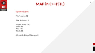 MAP in C++(STL)
6
Expected Output:
Priya's marks: 92
Total Students = 3
Student Marks List:
Neha : 88
Priya : 92
Rahul : 82
All records deleted! Size now: 0
 