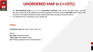 UNORDERED MAP in C++(STL)
6
• An std::unordered_map in C++ is an associative container that stores key-value pairs, just like
std::map. However, its key difference is that it organizes elements using a hash table rather than a tree
structure. This implementation provides significantly faster average-case performance.
• It is defined in the <unordered_map> header file.
SYNTAX:
unordered_map<key_type, value_type> um;
where,
key_type: Data type of key.
value_type: Data type of value.
um: Named assigned to the unordered map.
 