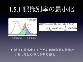 1.5.1 誤識別率の最小化
←決定境界

決定領域R1

•

決定領域R2

誤りを最小化するためには積分値を最小と
するようにクラスを割り振る

 