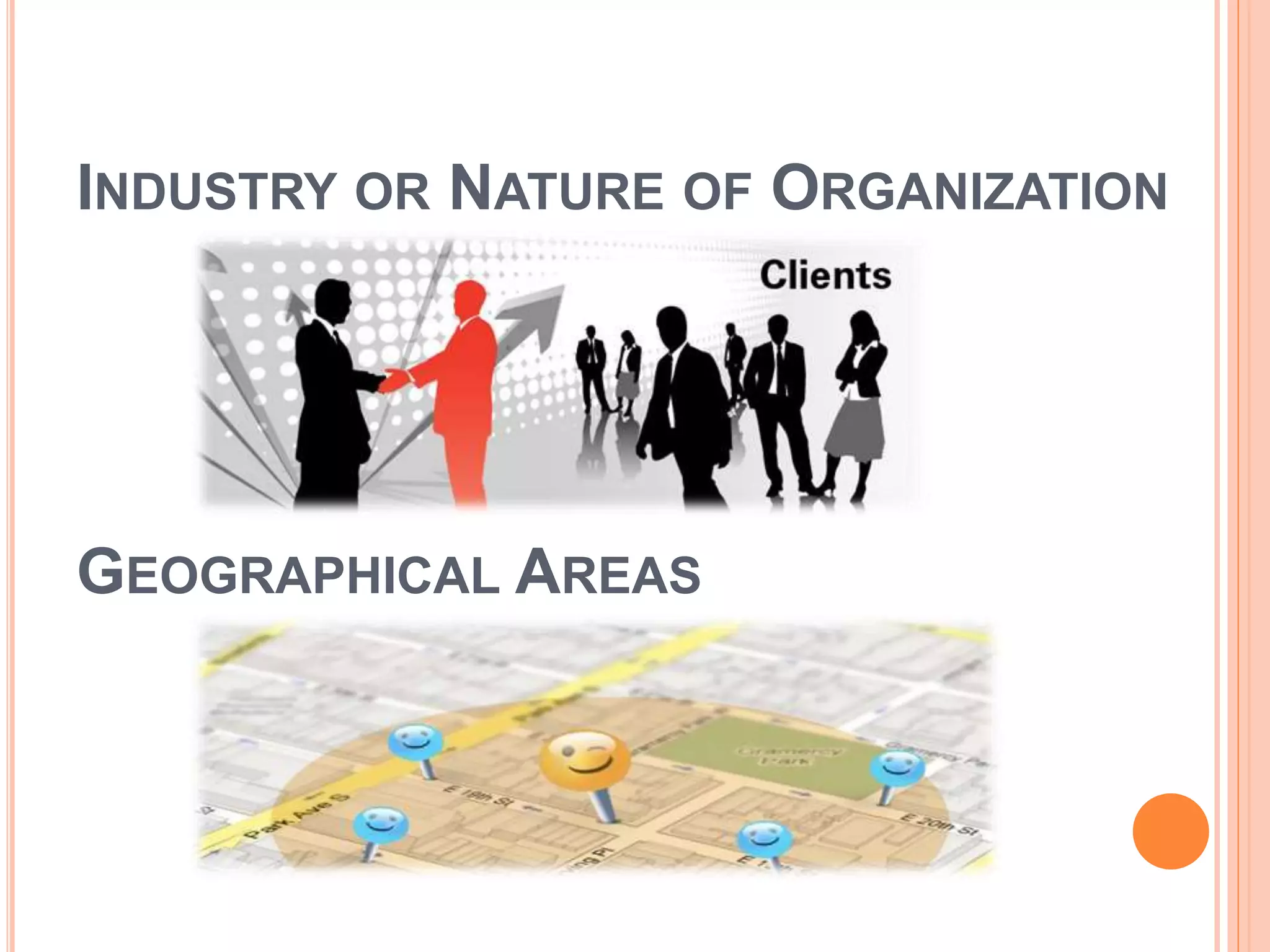 INDUSTRY OR NATURE OF ORGANIZATION
GEOGRAPHICAL AREAS
 
