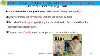 Factors For Purchasing Tools
Prepared by Haymanot T. (Lecturer ) 113
Factors to consider when purchasing tools are size, design, and quality.
Always purchase the correct sized tools for the work to be done.
Tools should be designed specifically for electrical work. Ex: Insulated handles,
hammers with straight claws.
The purchase of quality tools last longer which saves replacement cost.
12/16/2019
 