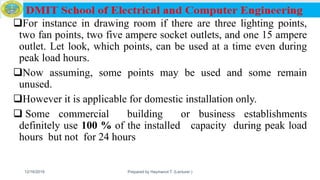 For instance in drawing room if there are three lighting points,
two fan points, two five ampere socket outlets, and one 15 ampere
outlet. Let look, which points, can be used at a time even during
peak load hours.
Now assuming, some points may be used and some remain
unused.
However it is applicable for domestic installation only.
 Some commercial building or business establishments
definitely use 100 % of the installed capacity during peak load
hours but not for 24 hours
12/16/2019 Prepared by Haymanot T. (Lecturer ) 120
 