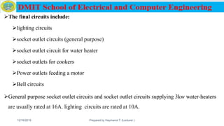 The final circuits include:
lighting circuits
socket outlet circuits (general purpose)
socket outlet circuit for water heater
socket outlets for cookers
Power outlets feeding a motor
Bell circuits
General purpose socket outlet circuits and socket outlet circuits supplying 3kw water-heaters
are usually rated at 16A. lighting circuits are rated at 10A.
12/16/2019 Prepared by Haymanot T. (Lecturer ) 136
 
