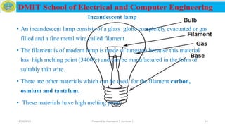 Incandescent lamp
• An incandescent lamp consists of a glass globe completely evacuated or gas
filled and a fine metal wire called filament .
• The filament is of modern lamp is made of tungsten because this material
has high melting point (34000c) and can be manufactured in the form of
suitably thin wire.
• There are other materials which can be used for the filament carbon,
osmium and tantalum.
• These materials have high melting point.
12/16/2019 Prepared by Haymanot T. (Lecturer ) 14
 