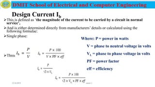 Design Current Ib
This is defined as ‘the magnitude of the current to be carried by a circuit in normal
service’,
And is either determined directly from manufacturers’ details or calculated using the
following formulae:
Single phase:
Three phase:
12/16/2019 Prepared by Haymanot T. (Lecturer ) 150
Where: P = power in watts
V = phase to neutral voltage in volts
VL = phase to phase voltage in volts
PF = power factor
eff = efficiency
 