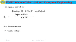 • So expected load will be
= Lighting x DF + GPS x DF + specific loads
Ib =
PF = Power factor and
V = supply voltage
12/16/2019 Prepared by Haymanot T. (Lecturer ) 154
PFxV
loadExpected
 