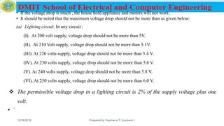 • If the voltage drop is much , the house hold appliance and motors will not work.
• It should be noted that the maximum voltage drop should not be more than as given below:
(a) Lighting circuit. In any circuit :
(I). At 200 volt supply, voltage drop should not be more than 5V.
(II). At 210 Volt supply, voltage drop should not be more than 5.1V.
(III). At 220 volts supply, voltage drop should not be more than 5.4 V.
(IV). At 230 volts supply, voltage drop should not be more than 5.6 V.
(V). At 240 volts supply, voltage drop should not be more than 5.8 V.
(VI). At 250 volts supply, voltage drop should not be more than 6.0 V.
 The permissible voltage drop in a lighting circuit is 2% of the supply voltage plus one
volt.
• `
12/16/2019 Prepared by Haymanot T. (Lecturer ) 161
 