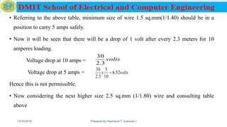 • Referring to the above table, minimum size of wire 1.5 sq.mm(1/1.40) should be in a
position to carry 5 amps safely.
• Now it will be seen that there will be a drop of 1 volt after every 2.3 meters for 10
amperes loading.
Voltage drop at 10 amps =
Voltage drop at 5 amps =
Hence this is not permissible.
• Now considering the next higher size 2.5 sq.mm (1/1.80) wire and consulting table
above
12/16/2019 Prepared by Haymanot T. (Lecturer ) 166
volts
3.2
30
voltsx 52.6
10
5
3.2
30

 