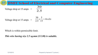 Voltage drop at 15 amps =
Voltage drop at 15 amps =
Which is within permissible limit.
This wire having size 2.5 sq.mm (1/1.80) is suitable.
12/16/2019 Prepared by Haymanot T. (Lecturer ) 167
5.2
30
voltsx 4
15
5
5.2
30

 