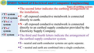 The second letter indicates the earthing arrangement in
the installation.
T - all exposed conductive metalwork is connected
directly to earth.
N - all exposed conductive metalwork is connected
directly to an earthed supply conductor provided by the
Electricity Supply Company.
The third and fourth letters indicate the arrangement of
the earthed supply conductor system.
S - neutral and earth conductor systems are quite separate.
C - neutral and earth are combined into a single conductor.
12/16/2019 Prepared by Haymanot T. (Lecturer ) 183
Types of earthing systems
TT system
TN-S system
TN-C-S
system
TN-C
system
IT system
 
