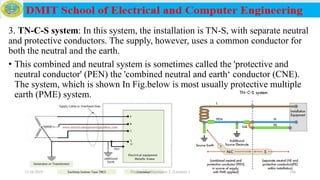 3. TN-C-S system: In this system, the installation is TN-S, with separate neutral
and protective conductors. The supply, however, uses a common conductor for
both the neutral and the earth.
• This combined and neutral system is sometimes called the 'protective and
neutral conductor' (PEN) the 'combined neutral and earth‘ conductor (CNE).
The system, which is shown In Fig.below is most usually protective multiple
earth (PME) system.
12/16/2019 Prepared by Haymanot T. (Lecturer ) 186
 