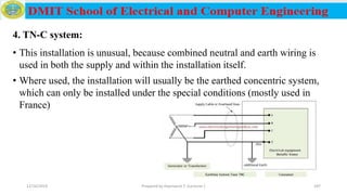 4. TN-C system:
• This installation is unusual, because combined neutral and earth wiring is
used in both the supply and within the installation itself.
• Where used, the installation will usually be the earthed concentric system,
which can only be installed under the special conditions (mostly used in
France)
12/16/2019 Prepared by Haymanot T. (Lecturer ) 187
 