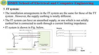 5. IT system:
• The installation arrangements in the IT system are the same for those of the TT
system . However, the supply earthing is totally different.
• The IT system can have an unearthed supply, or one which is not solidly
earthed but is connected to earth through a current limiting impedance.
• IT system is shown in Fig. below.
12/16/2019 Prepared by Haymanot T. (Lecturer ) 188
 