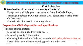 • Determination of the required quantity of material
- Receptacles and light points are counted from the CAD file; or,
- making all devices BLOCKS in auto CAD design and loading from
CAD to excel.
- From distribution board scheduling tables.
Preparation of bill of quantities and specifications
Process of preparation
- Material selection like from catalog, …
- Material quantity determination
- Gathering information of selected material unit price, delivery cost, etc
- Determining unit price considering profit and other coast
12/16/2019 Prepared by Haymanot T. (Lecturer ) 244
Cost Estimation
 