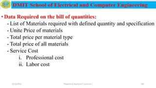 • Data Required on the bill of quantities:
- List of Materials required with defined quantity and specification
- Unite Price of materials
- Total price per material type
- Total price of all materials
- Service Cost
i. Professional cost
ii. Labor cost
12/16/2019 Prepared by Haymanot T. (Lecturer ) 245
 