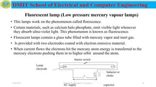 Fluorescent lamp (Low pressure mercury vapour lamps)
• This lamps work on the phenomenon called florescence.
• Certain materials, such as calcium halo phosphate, emit visible light whenever
they absorb ultra-violet light. This phenomenon is known as fluorescence.
• Florescent lamps contain a glass tube filled with mercury vapor and inert gas.
• Is provided with two electrodes coated with electron emissive material.
• When current flows the electrons hit the mercury atom energy is transferred to the
mercury electrons pushing them in to higher orbit around the atom.
C
AC supply capacitor
Inductor or
choke
Lamp
electrode
Starter switch
12/16/2019 Prepared by Haymanot T. (Lecturer ) 26
 