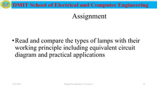 •Read and compare the types of lamps with their
working principle including equivalent circuit
diagram and practical applications
12/16/2019 Prepared by Haymanot T. (Lecturer ) 28
Assignment
 