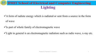 Lighting
A form of radiate energy which is radiated or sent from a source in the form
of wave
Is part of whole family of electromagnetic wave
Light in general is an electromagnetic radiation such as radio wave, x-ray etc.
12/16/2019 Prepared by Haymanot T. (Lecturer ) 3
 