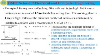 • Example A factory area is 40m long, 20m wide and is 8m high. Point source
luminaires are suspended 1.5 meters below ceiling level. The working plane is
1 meter high. Calculate the minimum number of luminaires which must be
installed to conform with a recommended SHR of 1.5 : 1.
 This means that the minimum number to
conform with SHR. requirement is 3 rows with
5 luminaires per row.
 More than this number can be used if
desired for reasons such as balance, effect,
control or ease of installation.
 Assuming that three rows of five luminaires is
suitable, the actual spacing is determined as
follows:
12/16/2019 Prepared by Haymanot T. (Lecturer ) 51
 