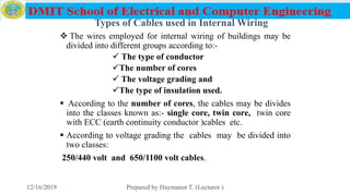 Types of Cables used in Internal Wiring
 The wires employed for internal wiring of buildings may be
divided into different groups according to:-
 The type of conductor
The number of cores
 The voltage grading and
The type of insulation used.
 According to the number of cores, the cables may be divides
into the classes known as:- single core, twin core, twin core
with ECC (earth continuity conductor )cables etc.
 According to voltage grading the cables may be divided into
two classes:
250/440 volt and 650/1100 volt cables.
12/16/2019 Prepared by Haymanot T. (Lecturer ) 65
 