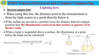Lighting laws
1. Inverse-square law:
 When using this law, the distance used in the measurement is
from the light source to a point directly below it.
If the surface are moved to a position twice the distance from its original
position then the illumination received on that surface is quarter of its
former value.
When a lamp is suspended above a surface, the illuminance at a point
below the lamp can be calculated:
12/16/2019 Prepared by Haymanot T. (Lecturer ) 7
Illumination on a surface.
𝐼𝑙𝑙𝑢𝑚𝑖𝑛𝑎𝑛𝑐𝑒 𝐸 𝑙𝑢𝑥 =
𝑙𝑢𝑚𝑖𝑛𝑜𝑢𝑠 𝑖𝑛𝑡𝑒𝑛𝑠𝑖𝑡𝑦 (𝑐𝑑)
𝑑2
→ 𝐸 =
𝐼
𝑑2
 