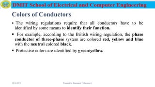 Colors of Conductors
 The wiring regulations require that all conductors have to be
identified by some means to identify their function.
 For example, according to the British wiring regulation, the phase
conductor of three-phase system are colored red, yellow and blue
with the neutral colored black.
 Protective colors are identified by green/yellow.
12/16/2019 Prepared by Haymanot T. (Lecturer ) 70
 