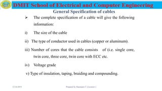 General Specification of cables
 The complete specification of a cable will give the following
information:
i) The size of the cable
ii) The type of conductor used in cables (copper or aluminum).
iii) Number of cores that the cable consists of (i.e. single core,
twin core, three core, twin core with ECC etc.
iv) Voltage grade
v) Type of insulation, taping, braiding and compounding.
12/16/2019 Prepared by Haymanot T. (Lecturer ) 72
 