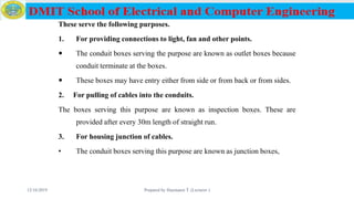 These serve the following purposes.
1. For providing connections to light, fan and other points.
 The conduit boxes serving the purpose are known as outlet boxes because
conduit terminate at the boxes.
 These boxes may have entry either from side or from back or from sides.
2. For pulling of cables into the conduits.
The boxes serving this purpose are known as inspection boxes. These are
provided after every 30m length of straight run.
3. For housing junction of cables.
• The conduit boxes serving this purpose are known as junction boxes,
12/16/2019 Prepared by Haymanot T. (Lecturer ) 80
 