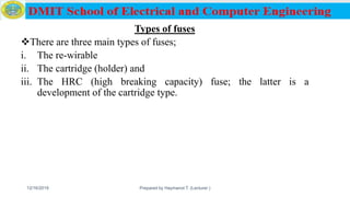 Types of fuses
There are three main types of fuses;
i. The re-wirable
ii. The cartridge (holder) and
iii. The HRC (high breaking capacity) fuse; the latter is a
development of the cartridge type.
12/16/2019 Prepared by Haymanot T. (Lecturer ) 94
 