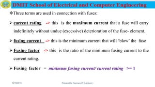 Three terms are used in connection with fuses:
 current rating -> this is the maximum current that a fuse will carry
indefinitely without undue (excessive) deterioration of the fuse- element.
 fusing current -> this is the minimum current that will ‘blow’ the fuse
 Fusing factor -> this is the ratio of the minimum fusing current to the
current rating.
 Fusing factor = minimum fusing current/ current rating >= 1
12/16/2019 Prepared by Haymanot T. (Lecturer ) 95
 