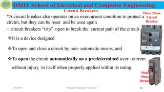 96
Circuit Breakers
•A circuit breaker also operates on an overcurrent condition to protect a
circuit, but they can be reset and be used again
- circuit breakers “trip” open to break the current path of the circuit
It is a device designed
To open and close a circuit by non- automatic means, and
To open the circuit automatically on a predetermined over –current
without injury to itself when properly applied within its rating.
Three Phase
Circuit
Breaker
Single
Phase
Breaker
12/16/2019 Prepared by Haymanot T. (Lecturer ) 96
 