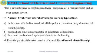 So a circuit breaker is combination device composed of a manual switch and an
over-current device.
 A circuit breaker has several advantages over any type of fuse.
a) In the event of a fault or overload, all the poles are simultaneously disconnected
from the supply.
b) overload and time-lags are capable of adjustment within limits.
c) the circuit can be closed again quickly onto the fault safely.
 Essentially a circuit breaker consists of a carefully calibrated bimetallic strip.
12/16/2019 Prepared by Haymanot T. (Lecturer ) 97
 