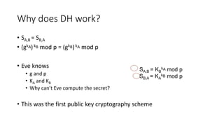 Why does DH work?
• SA,B = SB,A
• (gkA)kB mod p = (gkB)kA mod p
• Eve knows
• g and p
• KA and KB
• Why can’t Eve compute the secret?
• This was the first public key cryptography scheme
SA,B = KB
kA mod p
SB,A = KA
kB mod p
 