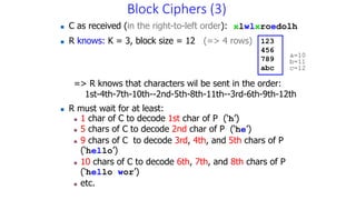 Block Ciphers (3)
 C as received (in the right-to-left order):
 R knows: K = 3, block size = 12 (=> 4 rows)
=> R knows that characters wil be sent in the order:
1st-4th-7th-10th--2nd-5th-8th-11th--3rd-6th-9th-12th
 R must wait for at least:
 1 char of C to decode 1st char of P (‘h’)
 5 chars of C to decode 2nd char of P (‘he’)
 9 chars of C to decode 3rd, 4th, and 5th chars of P
(‘hello’)
 10 chars of C to decode 6th, 7th, and 8th chars of P
(‘hello wor’)
 etc.
xlwlxroedolh
123
456
789
abc
a=10
b=11
c=12
 