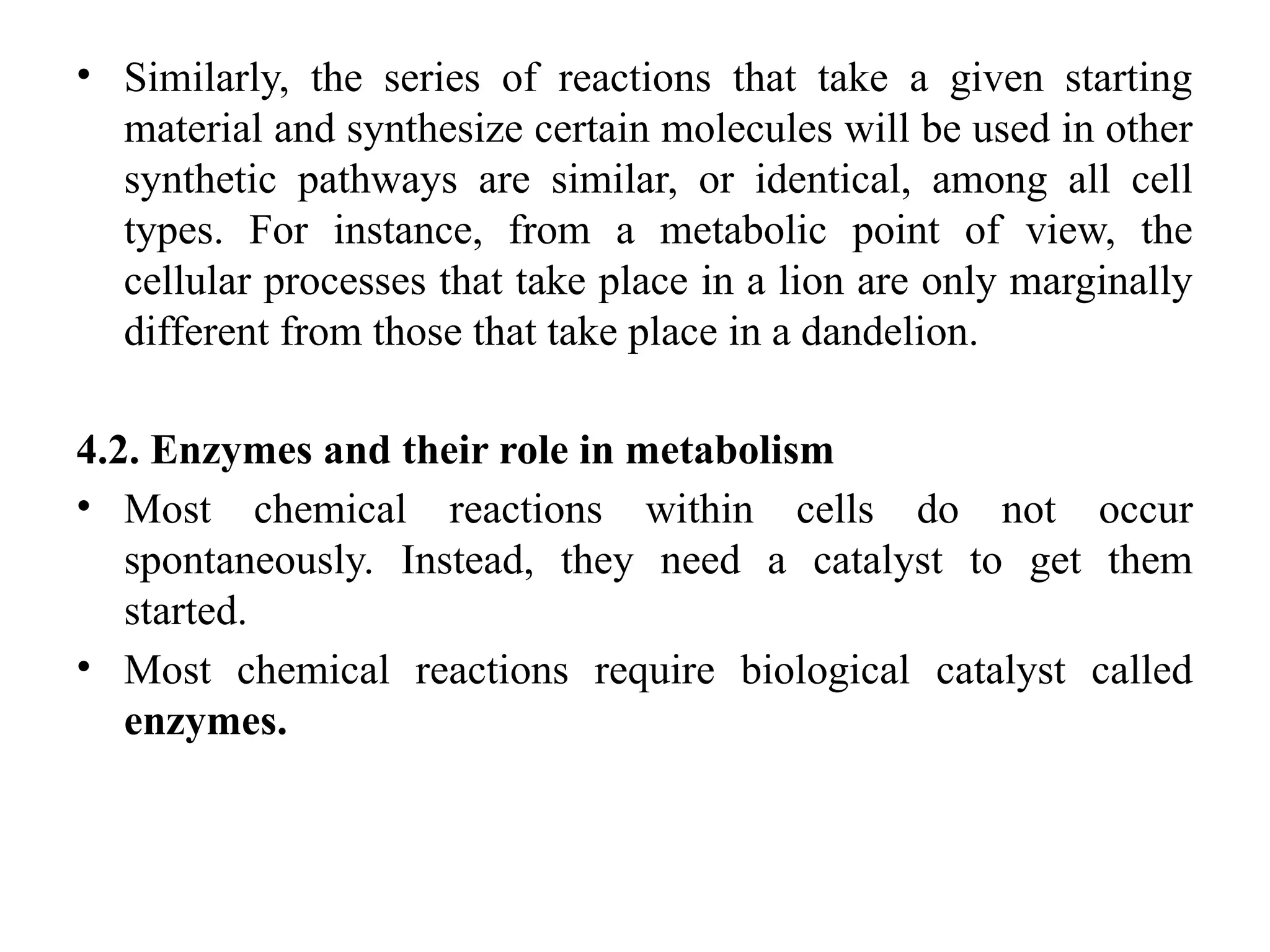 • Similarly, the series of reactions that take a given starting
material and synthesize certain molecules will be used in other
synthetic pathways are similar, or identical, among all cell
types. For instance, from a metabolic point of view, the
cellular processes that take place in a lion are only marginally
different from those that take place in a dandelion.
4.2. Enzymes and their role in metabolism
• Most chemical reactions within cells do not occur
spontaneously. Instead, they need a catalyst to get them
started.
• Most chemical reactions require biological catalyst called
enzymes.
 
