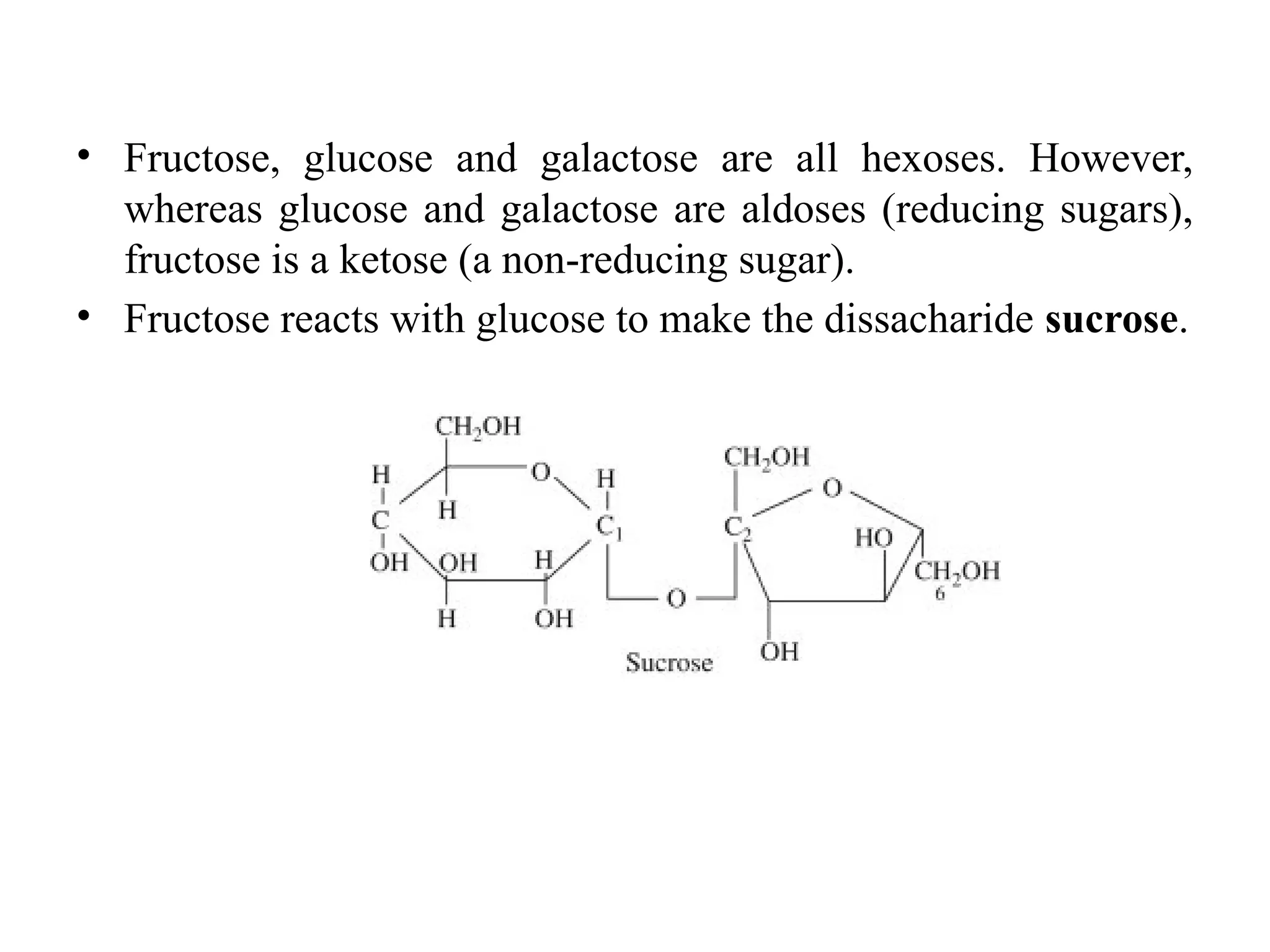 • Fructose, glucose and galactose are all hexoses. However,
whereas glucose and galactose are aldoses (reducing sugars),
fructose is a ketose (a non-reducing sugar).
• Fructose reacts with glucose to make the dissacharide sucrose.
 